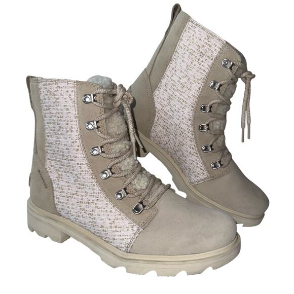 Sorel Shoes - SOREL Lennox Cozy Moto Boots Sz 10.5 Shearling Lined Beige Suede Tweed Combat